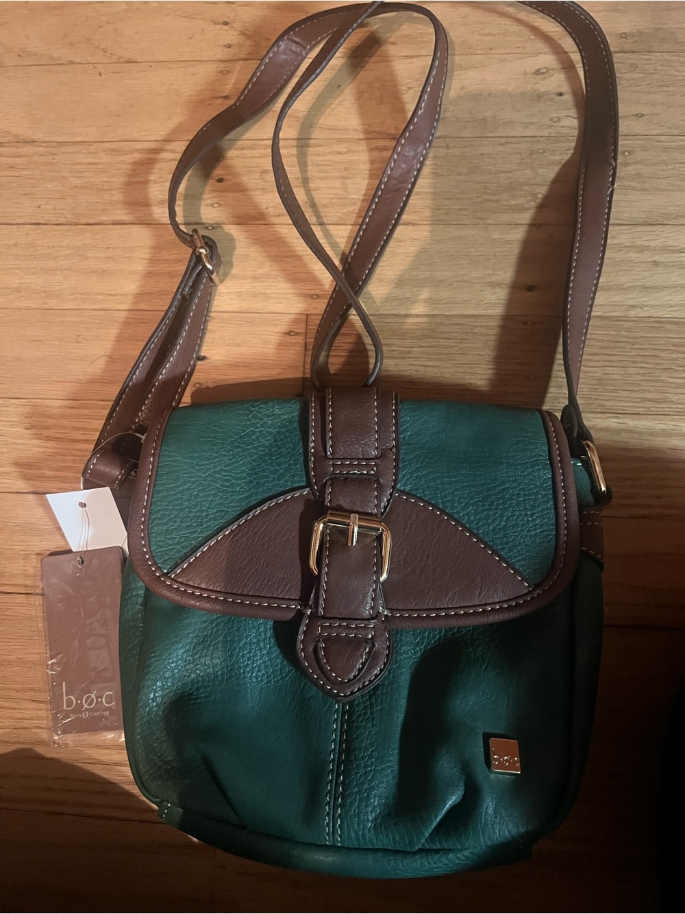 b.o.c. forest green and Brown Leather Buckle Crossbody Bag